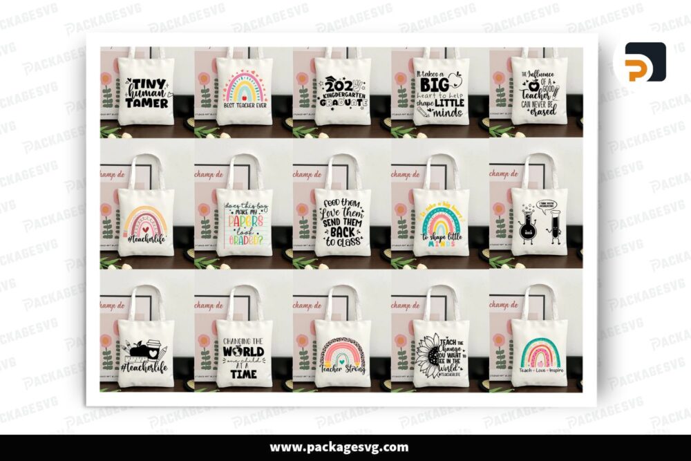20 Plus Teacher Tote Bag SVG Bundle, Boho Rainbow, Back to School Designs