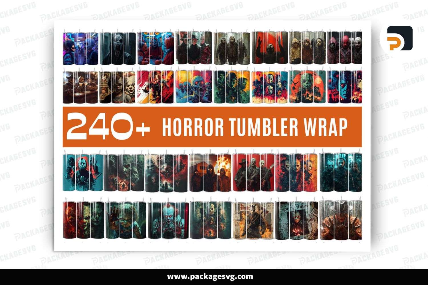 240+ Horror Characters Tumbler Wrap Bundle, Scary Movie 20oz Skinny Tumbler PNG