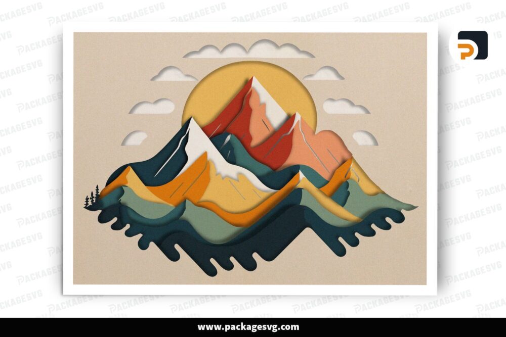 3D Mountain Shadow Box SVG, Layered Landscape Cut File for Cricut & Silhouette