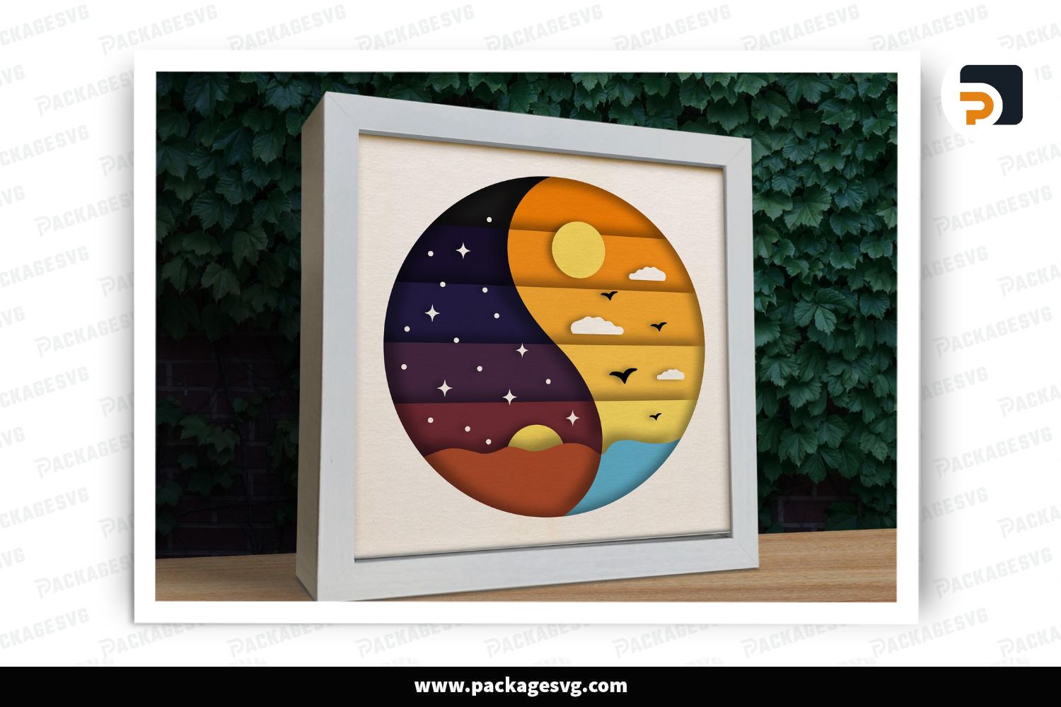 3D Yin Yang Landscape Shadow Box SVG, Night and Day Paper Cut File for Cricut, Silhouette, CNC