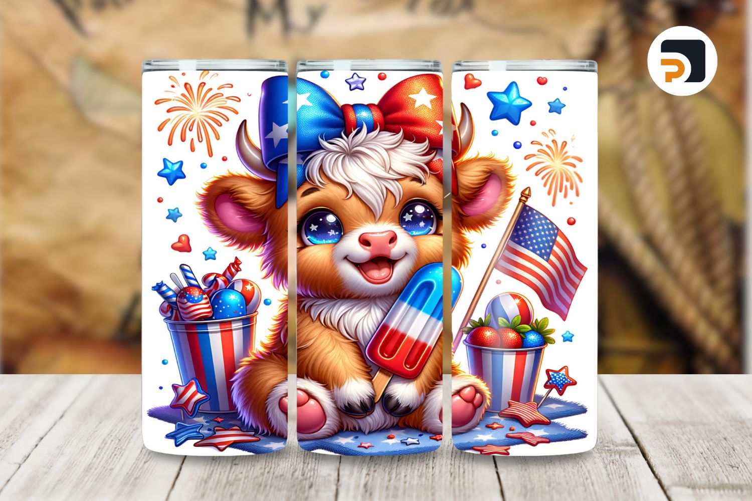 4th of July Highland Cow Popsicle Tumbler Wrap, 20oz Skinny Sublimation Design