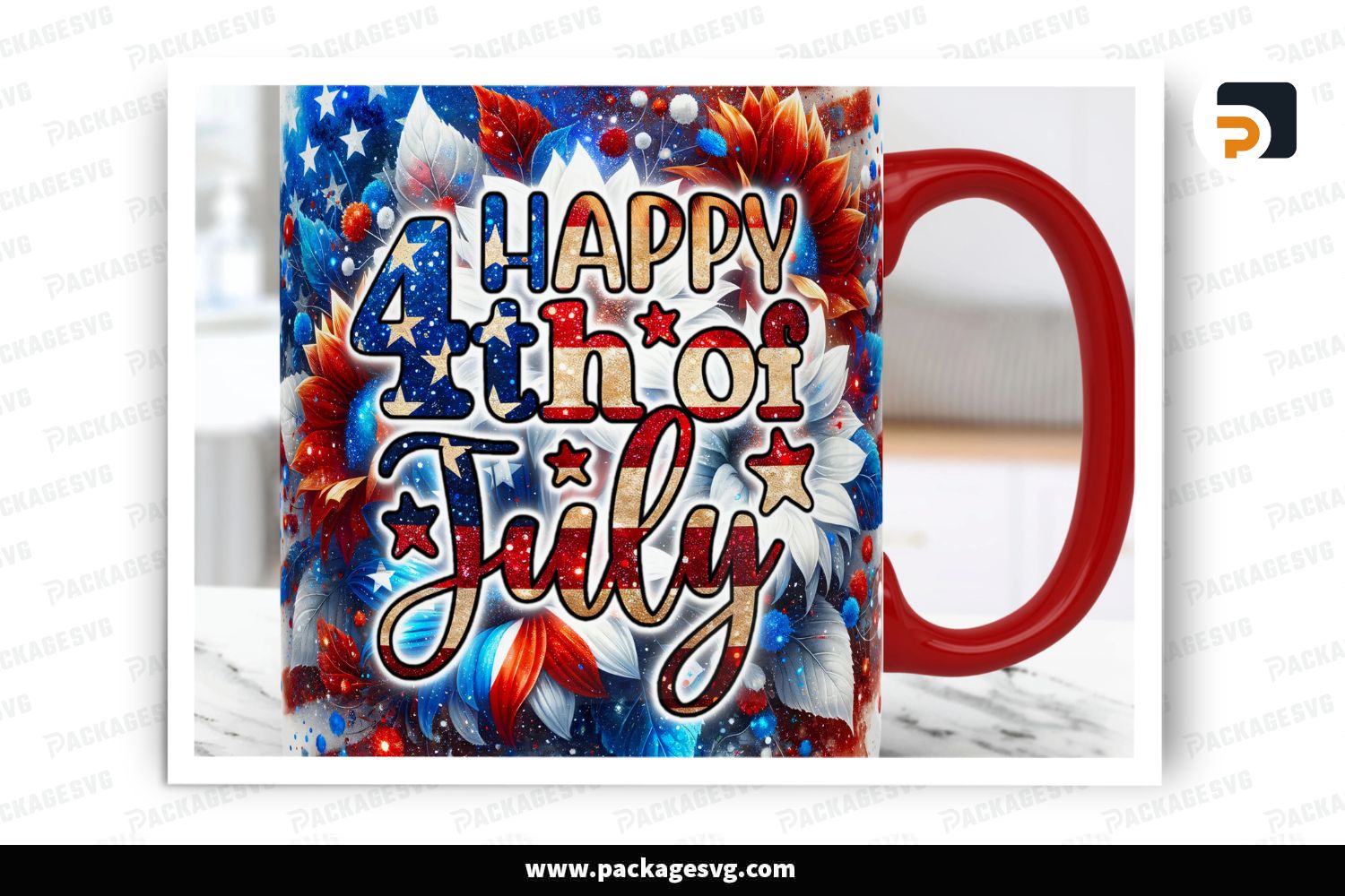 4th of July Mug Wrap Sublimation Design, Floral American Flag, 11oz & 15oz Mug PNG