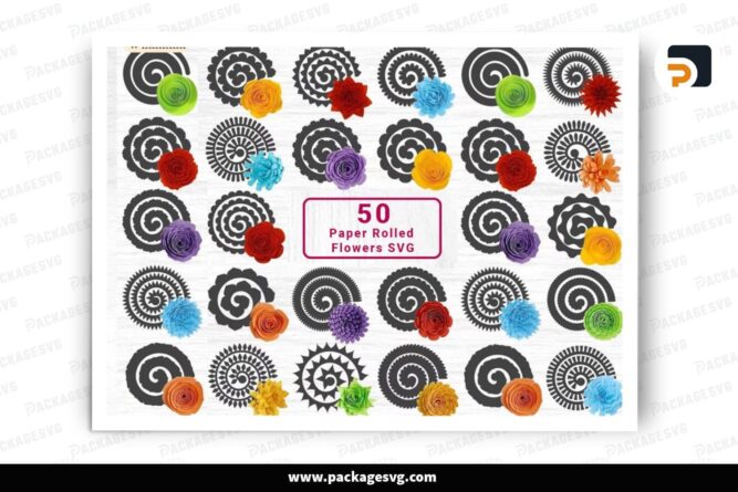 50 Rolled Flower SVG Bundle, 3D Paper Flower Templates for Cricut & Crafts