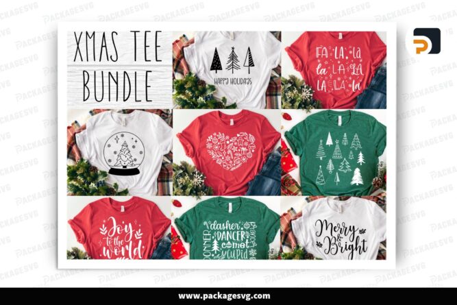 8 Christmas SVG Bundle, Christmas Shirt SVGs for Cricut, Holiday Tee SVG Designs
