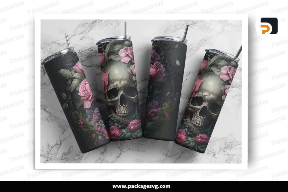 Gothic Skull & Rose Tumbler Wrap, 20 oz Sublimation Design