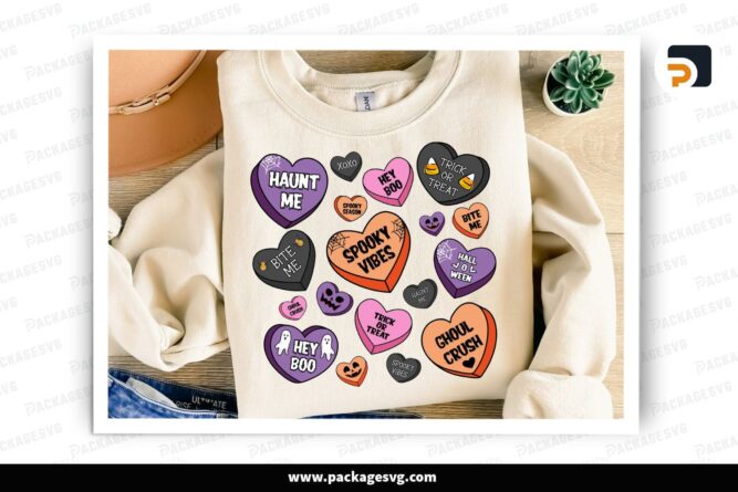 Retro Candy Hearts Halloween PNG, Spooky Vibes Sublimation Design, Pumpkin Halloween Shirt PNG