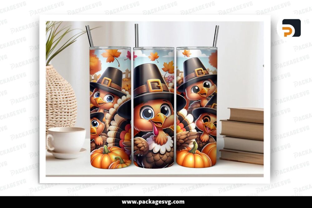 Thanksgiving Turkeys 20oz Skinny Tumbler Wrap, Cute Fall Sublimation PNG Design