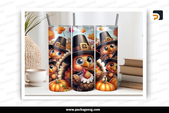 Thanksgiving Turkeys 20oz Skinny Tumbler Wrap, Cute Fall Sublimation PNG Design