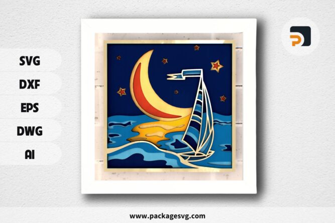 Yacht and Moon 3D Mandala SVG, Multilayer Laser Cut File for Cricut, CNC Router, and Glowforge