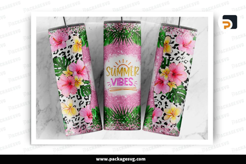 Summer Vibes Leopard Tumbler Wrap PNG, 20oz Tropical Hibiscus Floral Sublimation