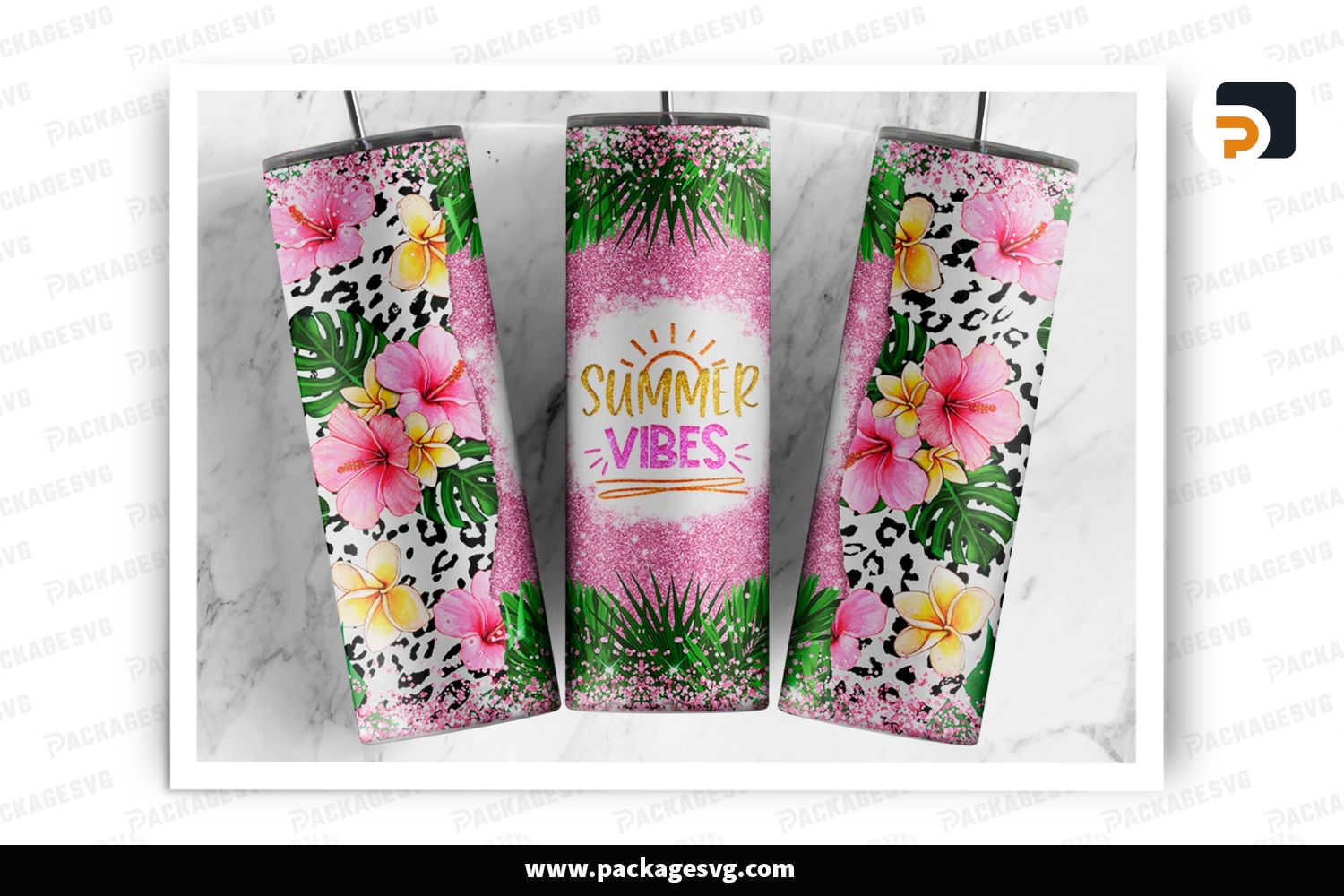 Summer Vibes Leopard Tumbler Wrap PNG, 20oz Tropical Hibiscus Floral Sublimation